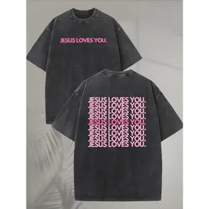 Jesus Loves You Washed T Shirt, 230GSM Heavyweight Double Sided Christian Streetwear Tee, Unisex Faith Shirt