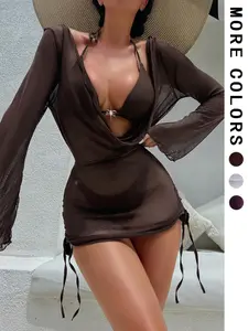 Women's Halter Triangle Bikini Set, Mesh Cover-Up Three-Piece Swimsuit, Sexy Vacation Beachwear, Summer Swimwear