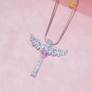 HBXL1037 Angel Wings Cross Necklace for Women, Pink Heart Crystal Pendant, Sparkling Cubic Zirconia Jewelry Gift for Her