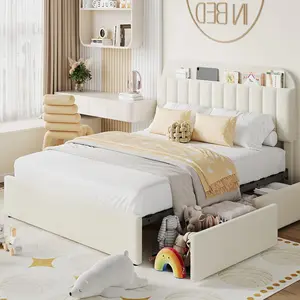Queen Bed Frame with 2 Flexible Drawers and Bookcase Headboard, Boucle Upholstered Platform Bed for Boys/Girls,Noise-Free,No Box Spring Needed,Beige
