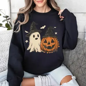 Spooky Ghost Halloween Sweatshirt, Preppy Floral Pumpkin Fall Tee, Cute Ghost Aesthetic Spooky Season Pullover, Floral Patchwork Graphic T-Shirt