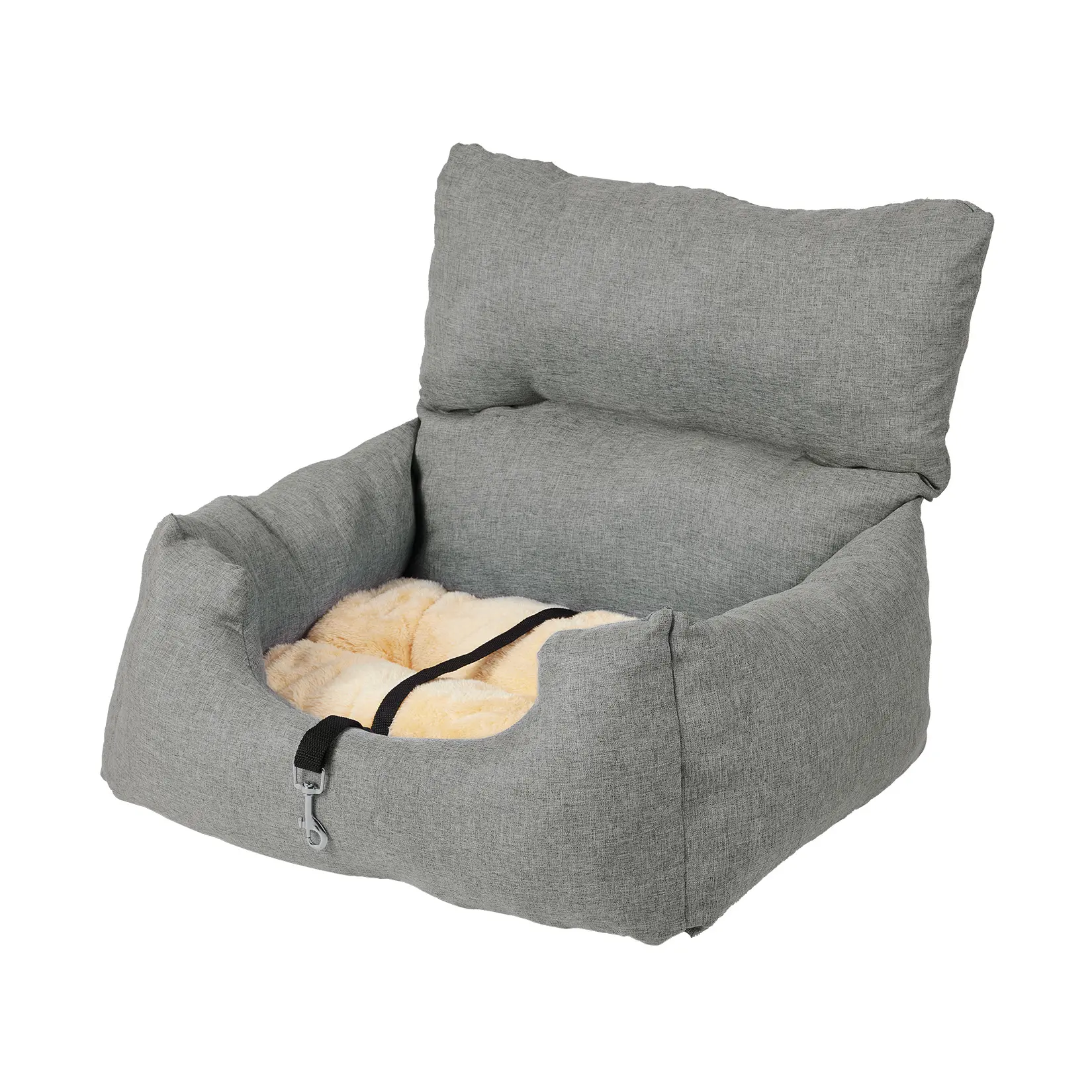 Elevated Dog Car Seat for Small Dogs (Up to 18 lbs) - Anti-Sliding, Safety Tether, Reversible Plush Cushion, Portable Booster Bed for Front/Back Seat, Grey, Harnesses