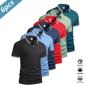 Men's Casual 6-Piece Short Sleeve Polo Shirt Set, Quick-Dry Golf and Tennis Apparel, Comfortable Equestrian Wear, Stylish Men's Activewear, Suitable for Casual Parties, Holidays, Travel, Featuring Collar and Cuff Color Block Design