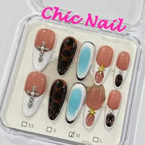 Chic Nails Handmade Trendy Mixed Style Press On Nails Elegant Blush Pink & White with Rhinestones & Pearls, Tortoiseshell Pattern, Stylish Gradient Colors | Perfect for US TikTok Fashionistas | Ideal for Parties, Dates and Daily Wear