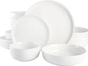 Gibson Home Oslo Porcelain Chip and Scratch Resistant Dinnerware Set, Service for 4 (16pcs), White Bowls Cutlery