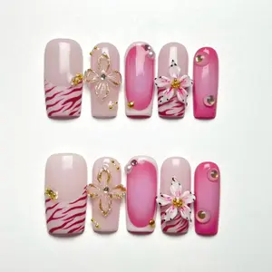 10-Piece Press-On Nail Set, Medium Square French Nails, Sweet Elegant Style, 3D Flowers, Irregular Hand-Drawn Texture, Includes Manicure Tools, Perfect for Women & Girl，Also suitable for parties, New Year celebrations and other occasions.