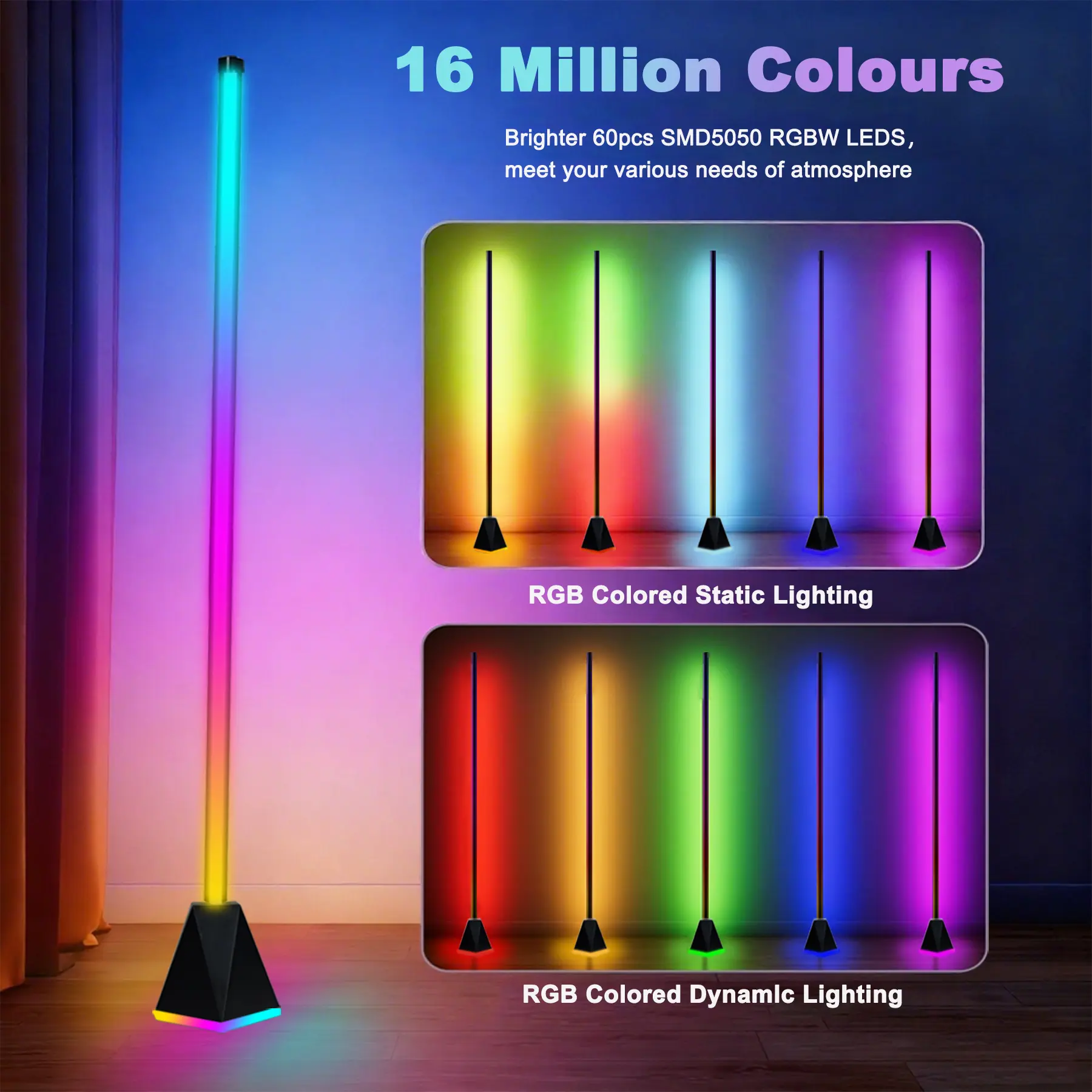 48in Smart RGBIC Corner Floor Lamp, Energy Efficient LED Lamp with Music Sync, 16M DIY Colors, Voice Control, Adult Gaming Room & Living Room Decorations