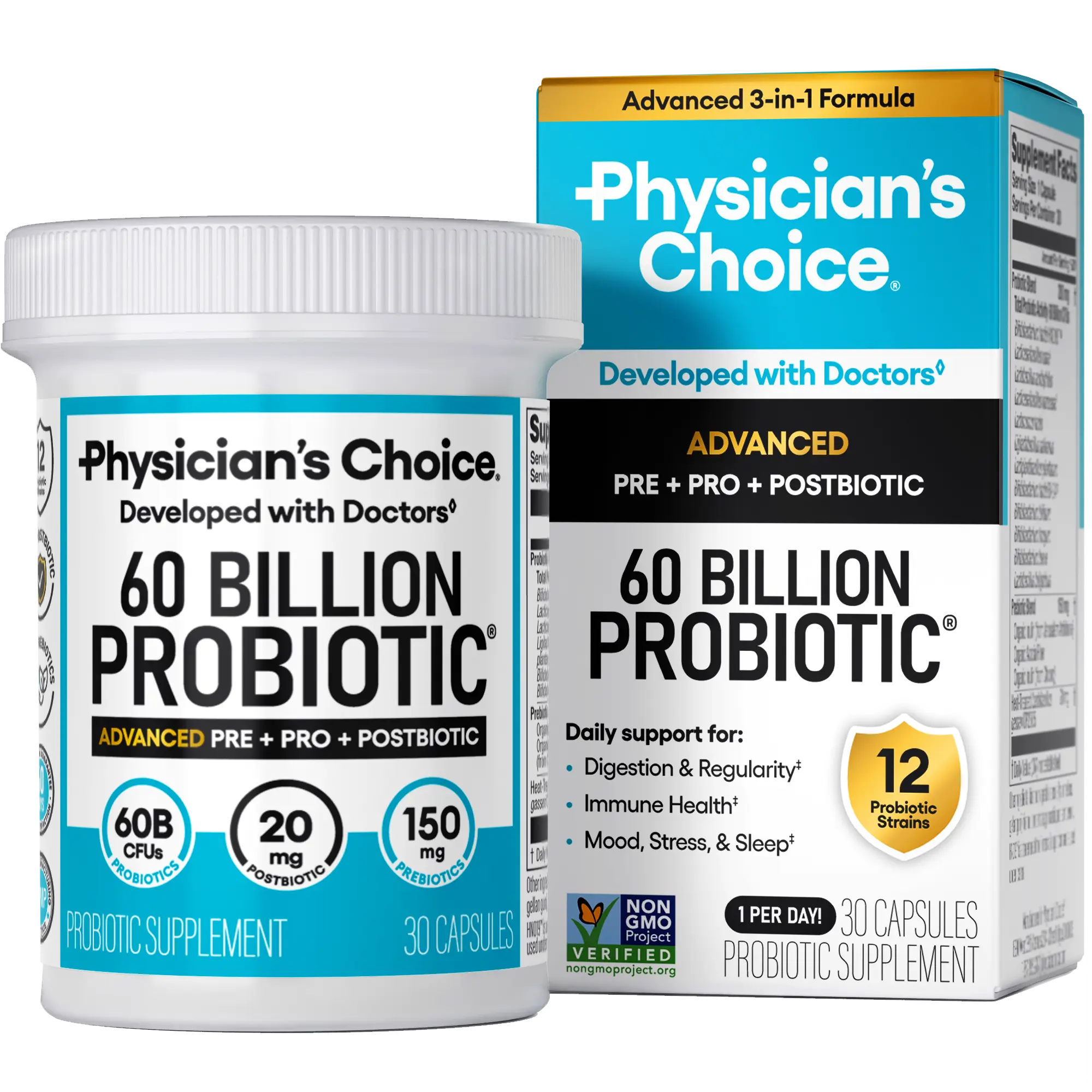 Physician's Choice Advanced 60 Billion Probiotic - Daily Gut, Mood & Immune Support with Organic Prebiotics, Postbiotic & 12 Strains for Men & Women