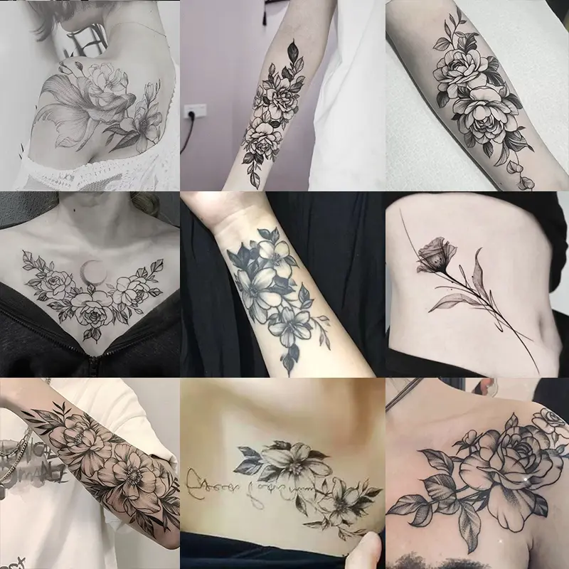 9 Large Herbal Tattoo Stickers, Including 9 Plain Flower Elements And Other Styles, Lasting 7-15 Days, Waterproof And Frictionless, Realistic Effect, Suitable For People Who Are Afraid Of Pain And Do Not Want To Tattoo, Fake Tattoo Style, Floral Tattoo Te