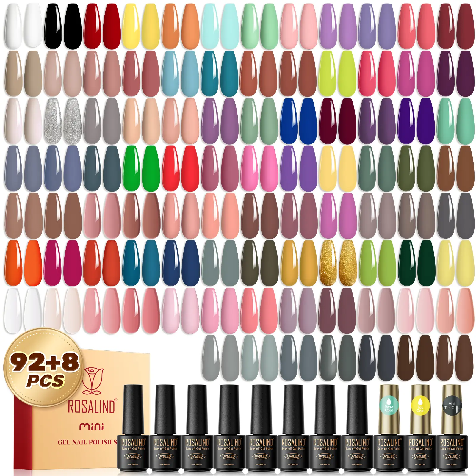 ROSALIND 100pcs Gel Nail Polish Starter Set-Mini 92pcs Clear Pure Colors with 8 Bottles Funtional Gel of Base and Glossy Matte Top Coat Gel Nail Gift Box Kit,Suitable for All Seasons for DIY/Salon Manicure Cutics Cosmetic