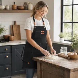 Black Canvas Bib Apron with Large Pocket, Leather Tool Loops, Adjustable Straps & All Seasons Design - Home Supplies Workwear for Woodworking, Cooking, Women