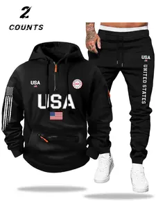 Men's Fall Winter Hoodie and Pants Set, Letter Flag Medal Design, Long Sleeve Casual Comfortable Clothing, Ideal Gift for Teens