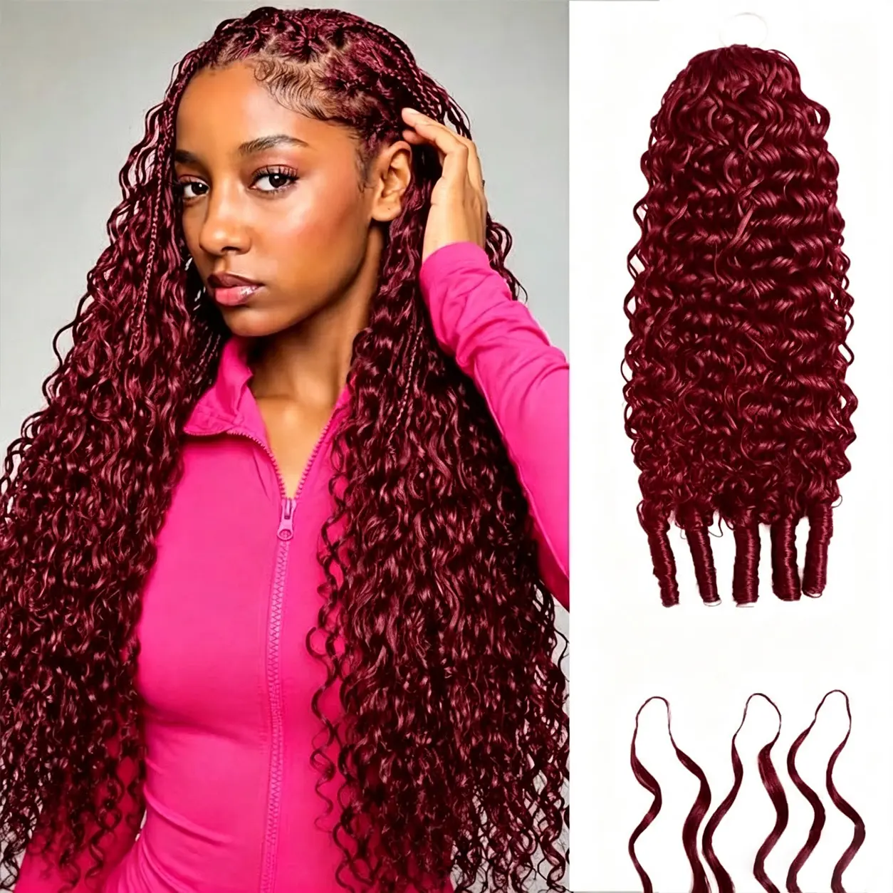 Bling Hair 99J Burgundy Burmese Curly Feather Crochet Hair 100% Unprocessed Virgin Human Hair Pre-Separated Pre-Looped Knotless Seamless Crochet Extensions No Shedding Lightweight Miracle Knots Boho Braids