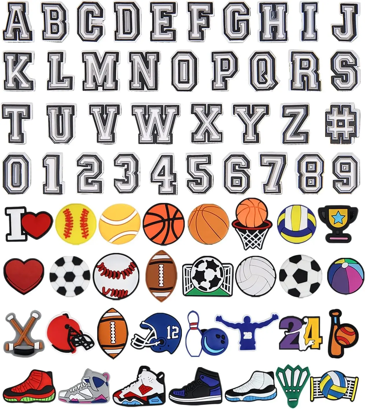 68 Pack Letter Number & Sports Charms for Clog Shoes - DIY Shoe Pins