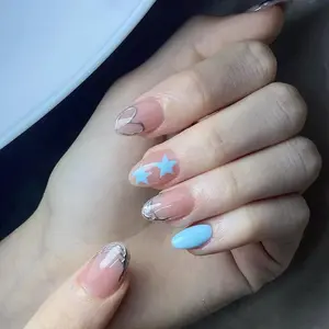 24pcs Short Oval Star Design Press-On Acrylic Nails Set, Includes Jelly Glue & Nail File, Perfect for Women and Girls Daily Use Nail Art Design