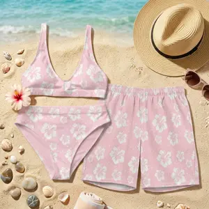 [Summer Deals] Matching Pink Tropical Couples Swimwear, Women's Casual Bikini & Men’s Beach Shorts Set, Hawaiian Style Swimsuit, His and Hers Beachwear Gift