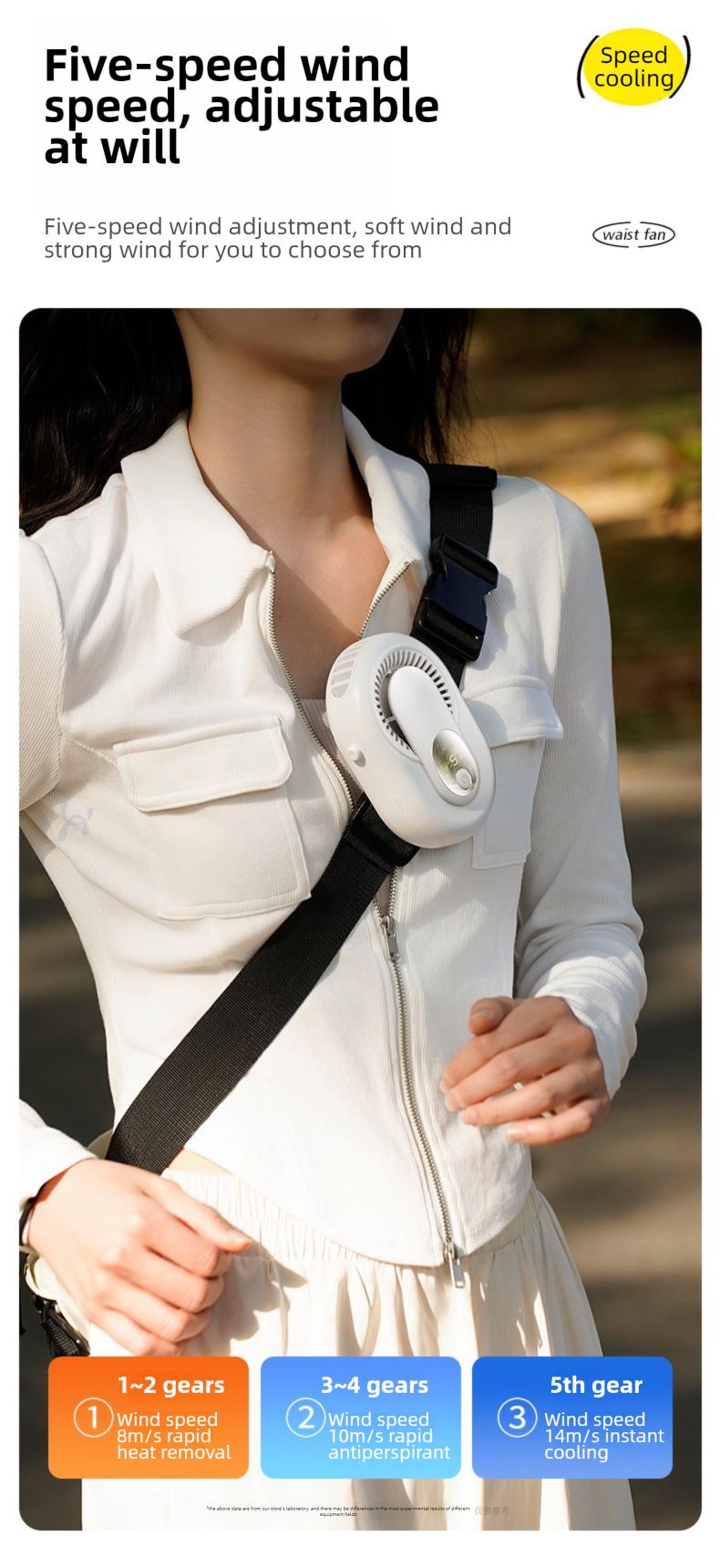 HOOYS Portable Leafless Fan, 5 Speed Mini Waist Fan, USB Rechargeable, Quiet Cooling for Travel, Outdoor & Commute, Phone Cooler