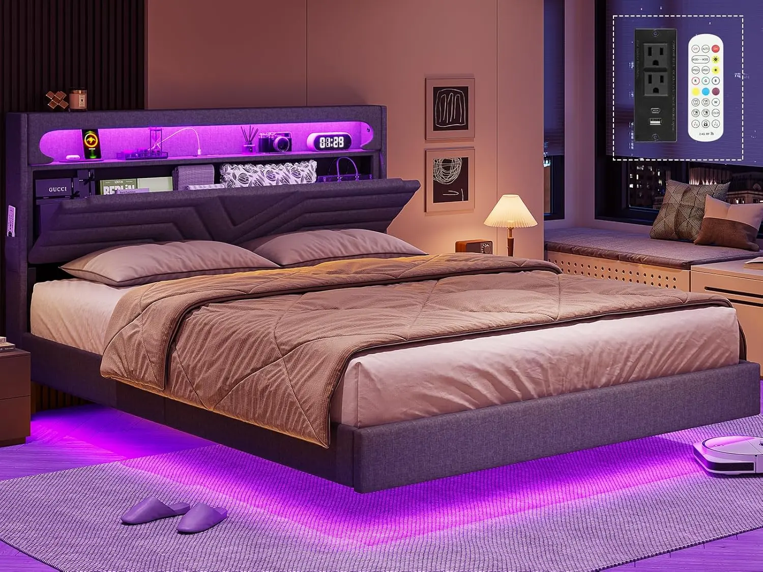 HAUOMS Full / Queen Floating Bed Frame with RGB LED Lights Headboard, USB-C/A Power Combo, Linen Upholstered Platform Bed with Storage Headboard, Innovative Stable Structure