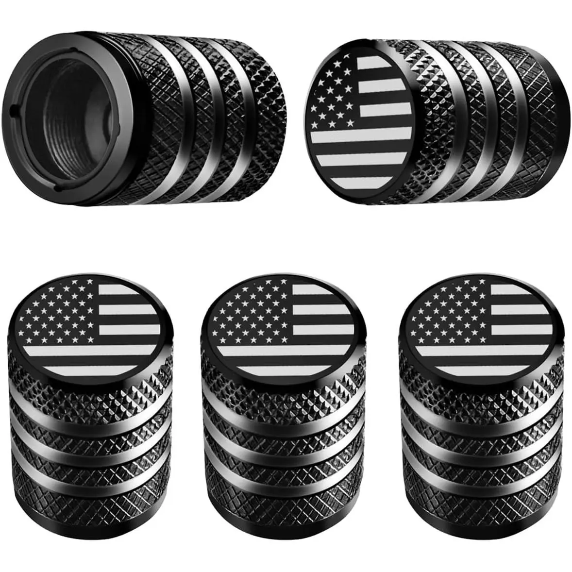 5-Pack Laser Etched Aluminum Alloy American Flag Tire Valve Caps, Corrosion-Resistant Auto Parts with Plastic Inner Liner, Easy-Installation for Cars, Trucks, Bikes (5-Pack Value)