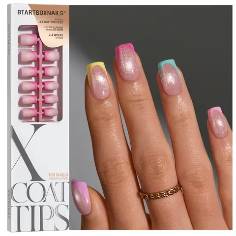 BTArtboxnails XCOATTIPS 5 Bright Pastel French Tip Nail Press on Nails - Square, Almond, Coffin, Stiletto Shapes, Cat Eye Base, 4-Week Wear, Easy Application, Soak-Off, Salon-Quality, 16 Sizes, 160 Pieces