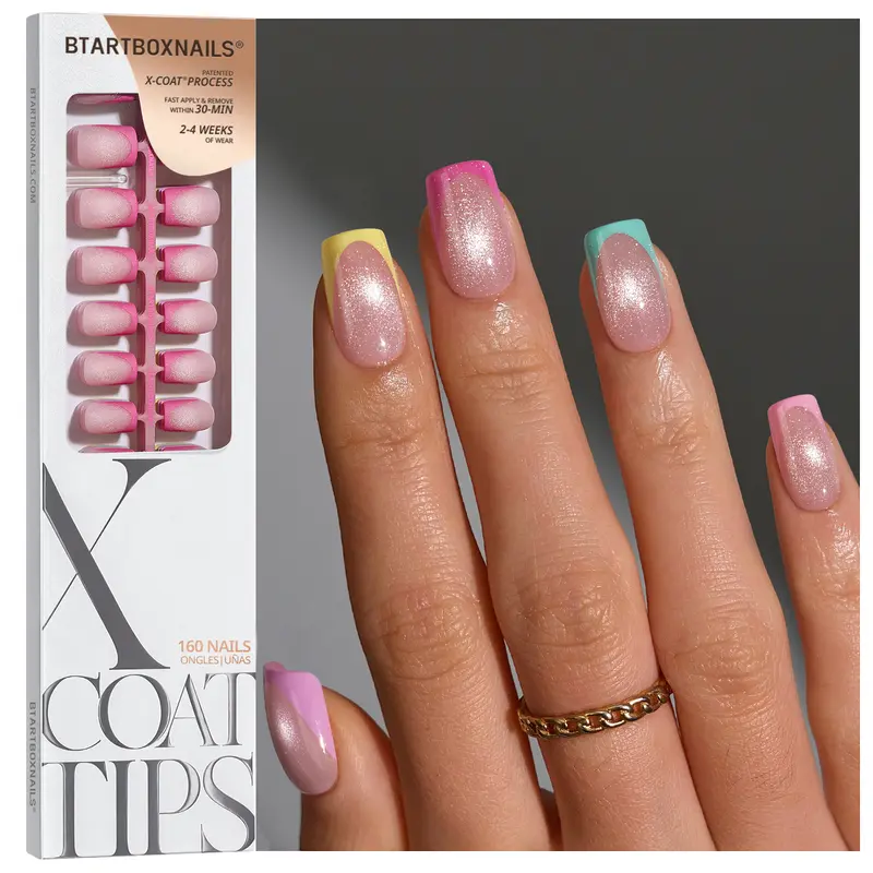BTArtboxnails XCOATTIPS 5 Bright Pastel French Tip Nail Press on Nails - Square, Almond, Coffin, Stiletto Shapes, Cat Eye Base, 4-Week Wear, Easy Application, Soak-Off, Salon-Quality, 16 Sizes, 160 Pieces