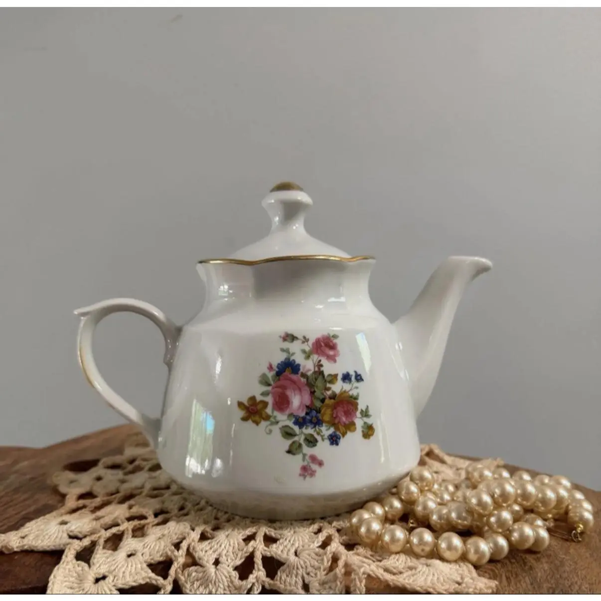 Vintage Porcelain Floral Teapot with Lid | Rose Bouquet Gold Trim