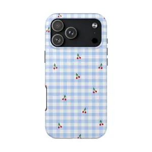 Blue Gingham Cherry Phone Case, Cute Coquette Aesthetic Cover, Pastel Blue Plaid Picnic Style Shell, Cottagecore Cherry Pattern iPhone Case, Sweet Summer Fruit Print Gift