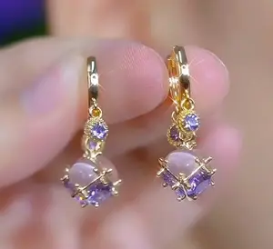 LisiZen Purple Crystal Ball Hoop Earrings 14K Gold Plated Sparkling Rhinestone Ear Cuffs, Chic Fashion Jewelry Elegant Statement Earrings DZEH4248