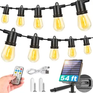【Christmas Gift】Solar String Lights Outdoor Waterproof 10+1 LED Bulbs Remote Control Timer Dimmable 8 Modes USB Port Solar Lights for Outside, Outdoor Lights for Patio, Yard, Balcony, Garden, Camping