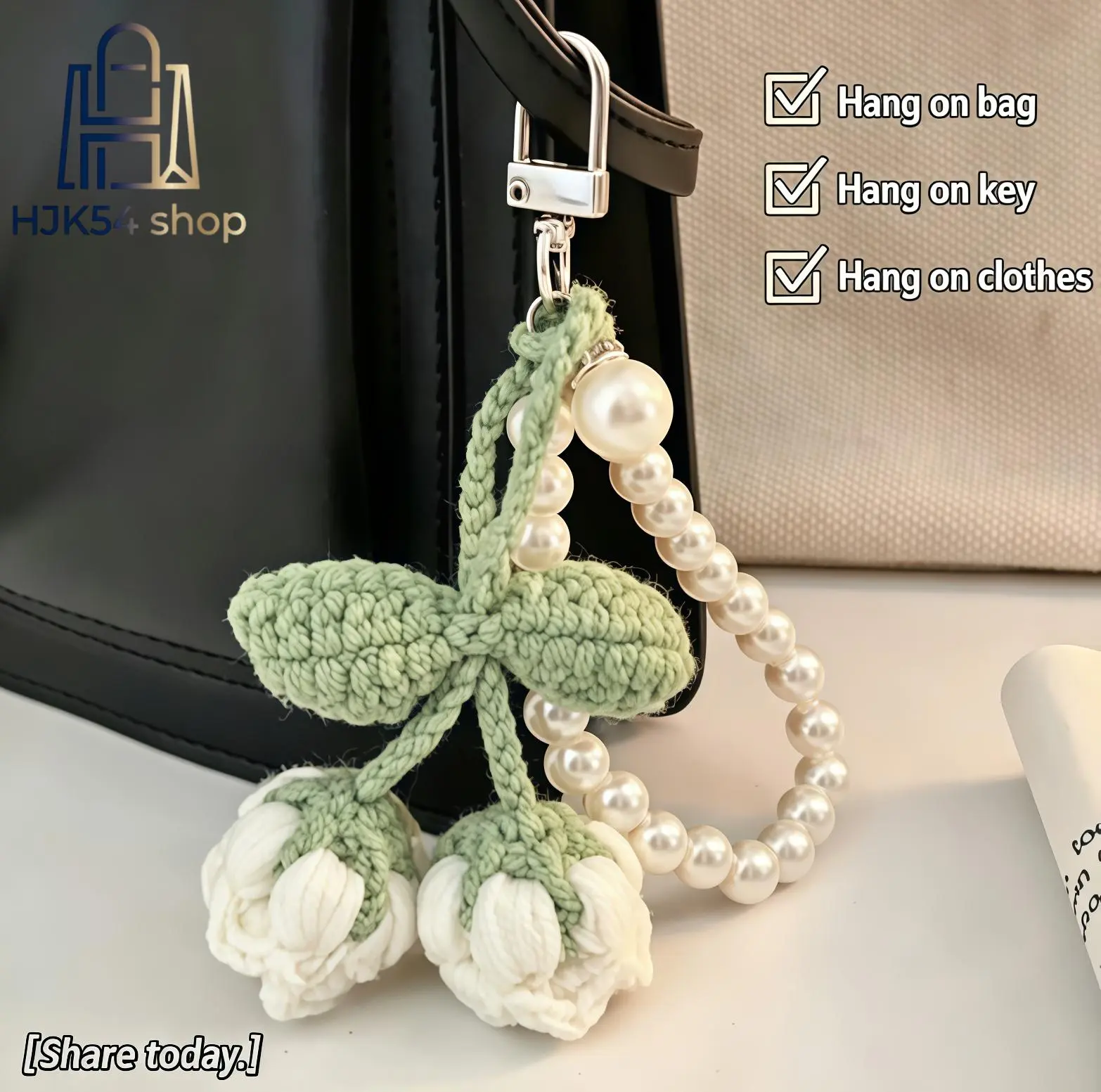 Elegant Handmade Crochet Lily of the Valley Keychain with Pearl Chain, Women's Cute Aesthetic Bag Charm, Mini Floral Pendant for Purse & Backpack, Casual, Summerwins, Women's Fashion, Kawaii Accessories, Cute Keychains