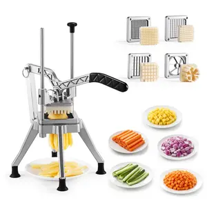 French Fry Cutter And Commercial Vegetable Chopper With Four Blades: 1/2, 3/8, 1/4 Inch And 6-Wedge Corer, Lever Driven Stainless Steel Potato Slicer For Home Use, Thick, Regular And Thin Fries, Onions And Fruits