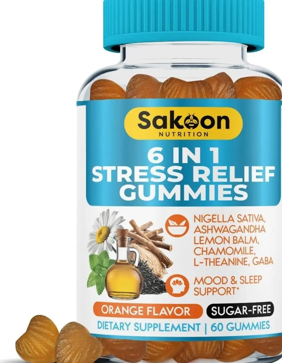 6-in-1 Stress Relief Gummies 60ct - Aids Relaxation with Ashwagandha, GABA, L-theanine, Lemon Balm, Chamomile, Black Cumin Seed Nigella Sativa. Improved Deep Sleep, Joint Support - 60 gummies