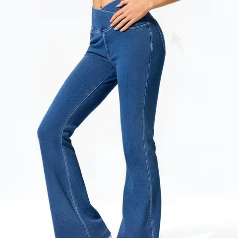 Women's High-Waisted Stretch Denim Bootcut Jeans - Cross V-Waist, Lady Fitted Sporty Street Style Flared, Expandable, Everyday Wear, Travel Essentials, Hand Wash Only, Dry Clean Option