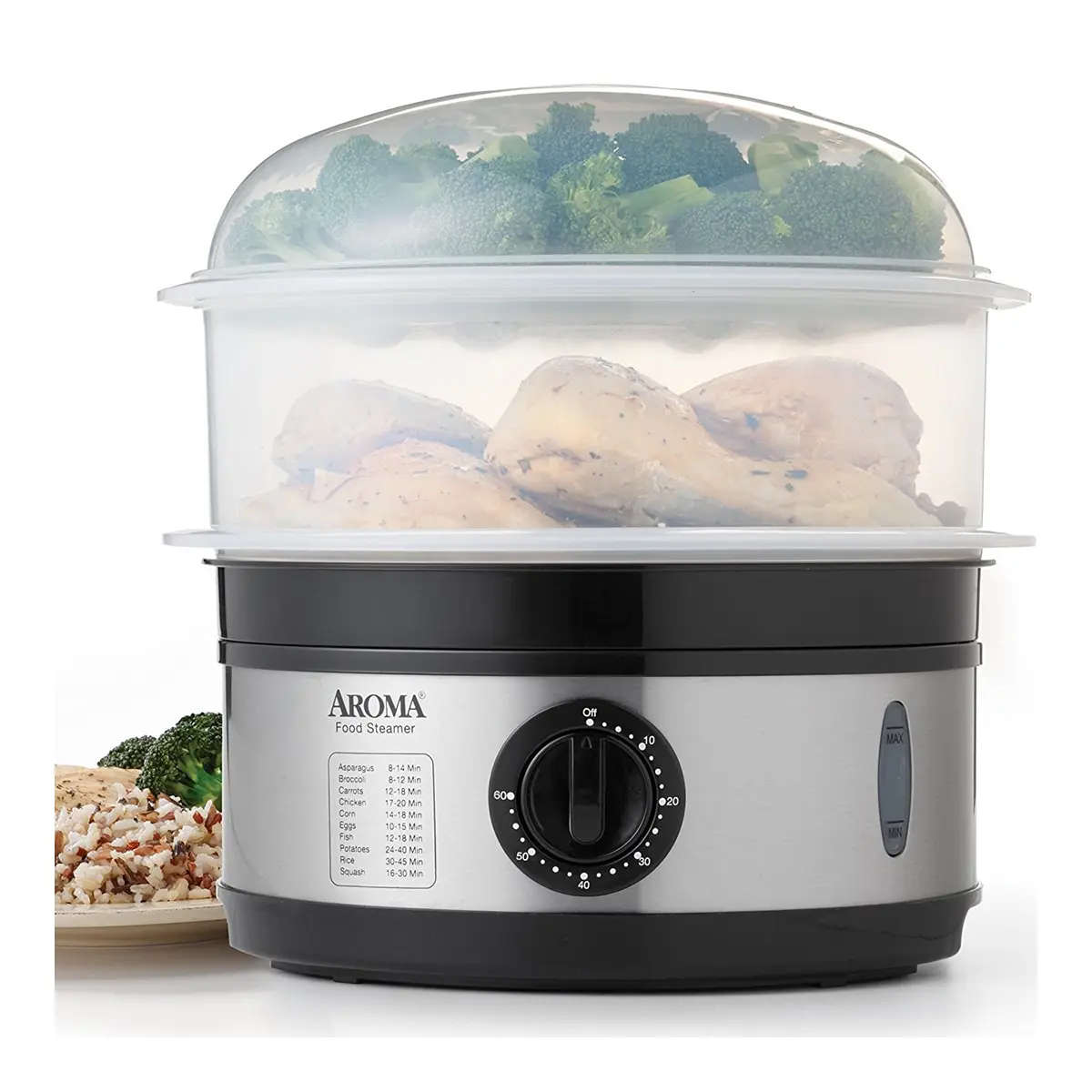 AROMA Stainless Steel Double Tier Electric Food Steamer 5 Quart (4.73L) AFS-186/188 - Large Capacity, Fast Cooking, Healthy Meals, 1 Year Warranty