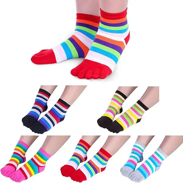 Women's Rainbow Striped 5-Finger Split Toe Tabi Crew Socks, Soft Moisture-Wicking Cotton Casual Athletic Novelty Multipack Socks