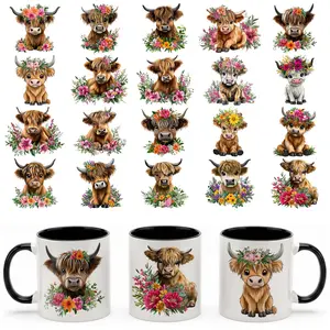 20pcs/set Highland Cow UV DTF Transfer Stickers, Sticker Packs, Floral & Cute Farm Animal Designs, Vibrant & Durable for Mugs Tumblers, DIY Decorations