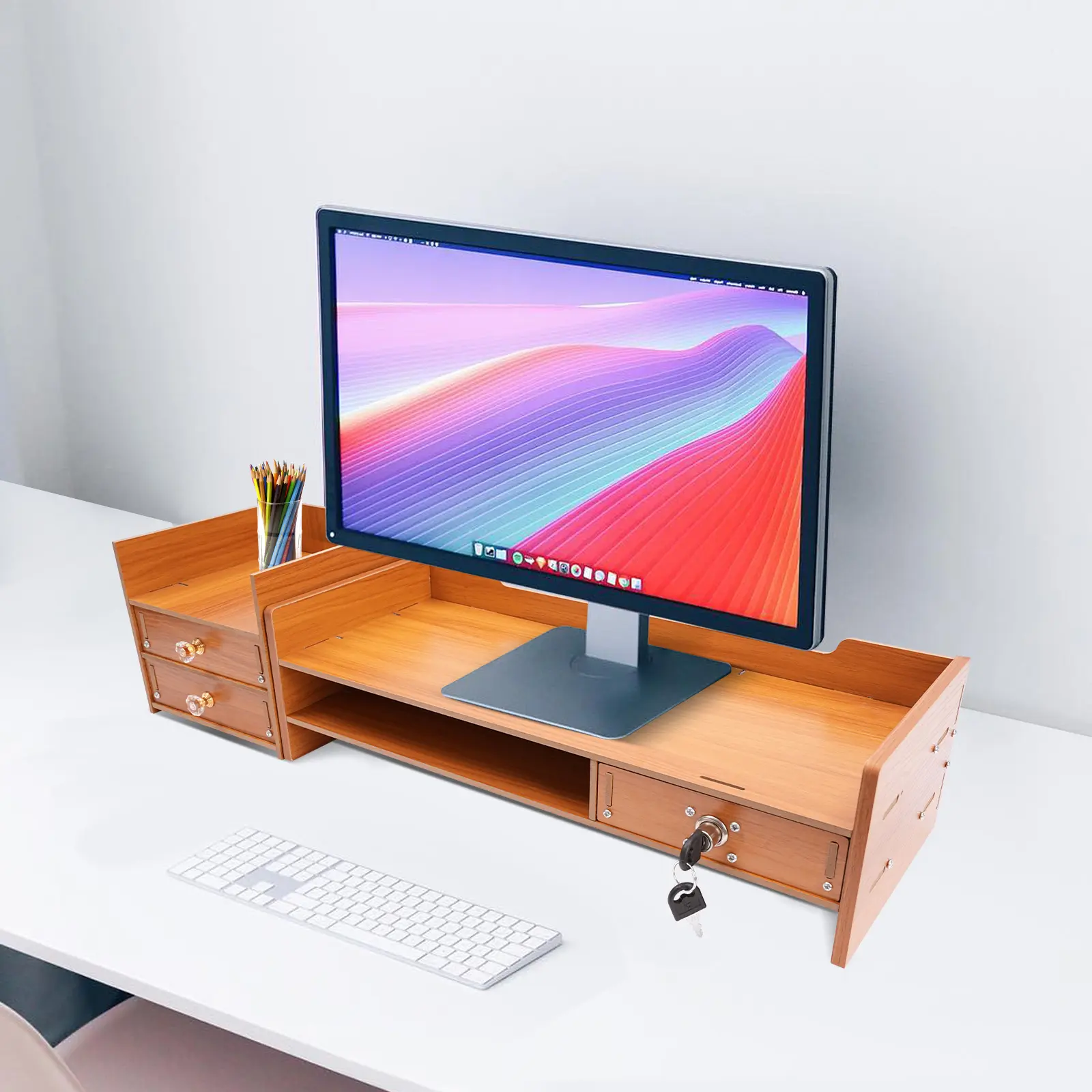 CNCEST Wooden Rectangular Computer Monitor Stand Furniture - 3 Drawers ...