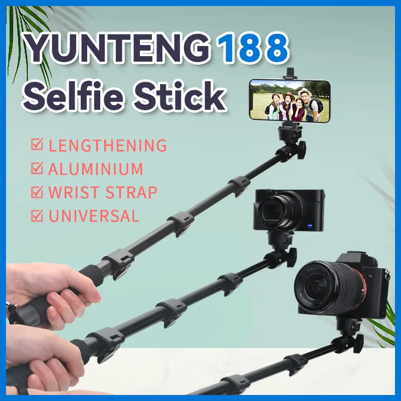 Yunteng 188 50 inch mobile phone/mirrorless/DSLR universal professional selfie stick, easy to store, professional stable mirrorless stand, supports multiple camera shooting device connections