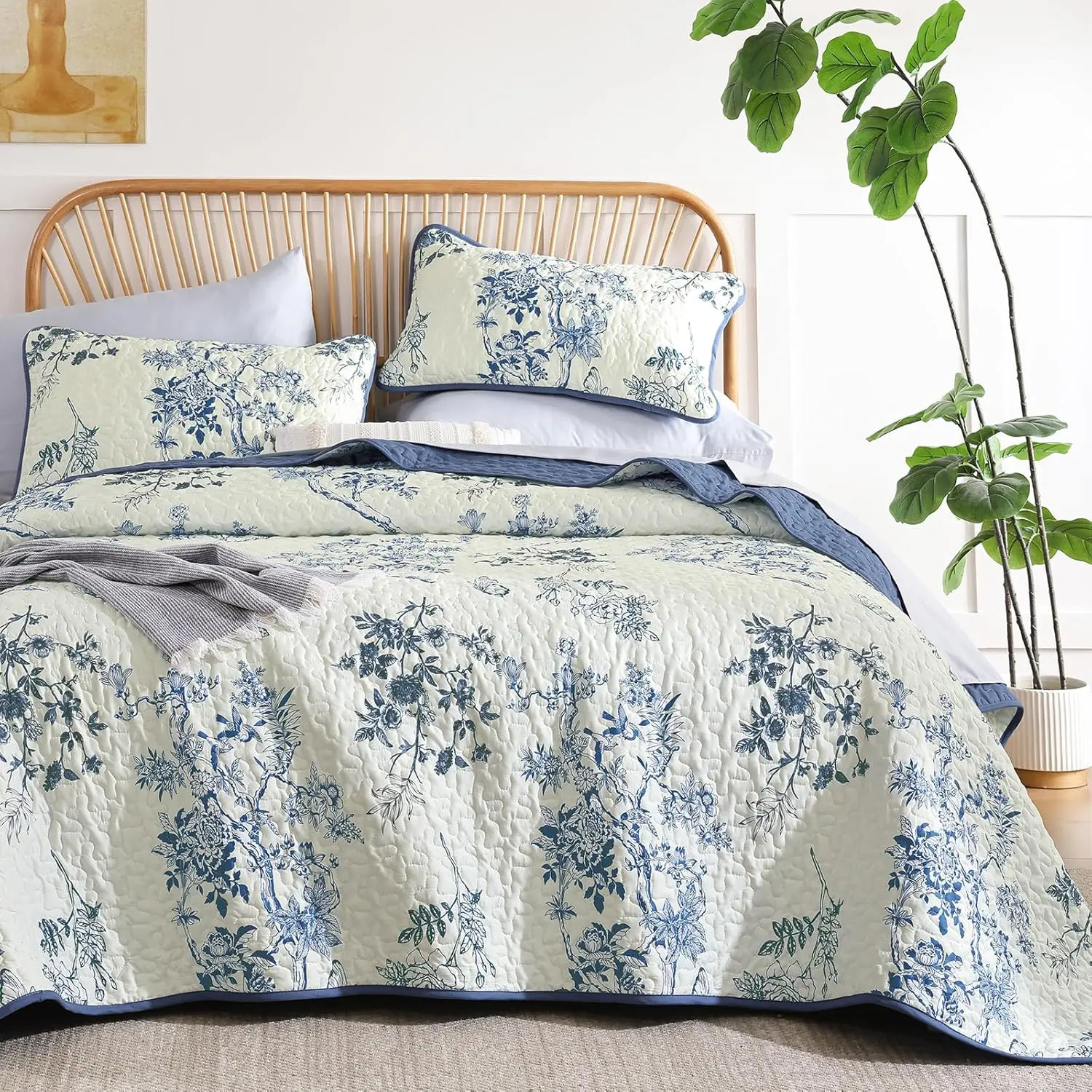 Blue Floral Set Queen,Botanical Leaf & Pattern Bedspread Coverlet Set,Soft Beautiful Farmhouse Plants Bedding Set