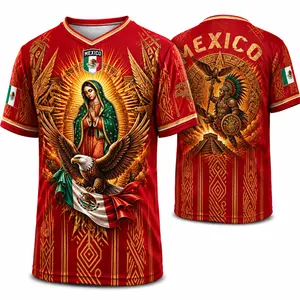 Men's 2026 Mexico Soccer Jersey - Red & Gold Retro Football Shirt with Virgin Mary, Guadalupe Icon & Mexican Flag Eagle Print, Aztec Warrior Special Edition