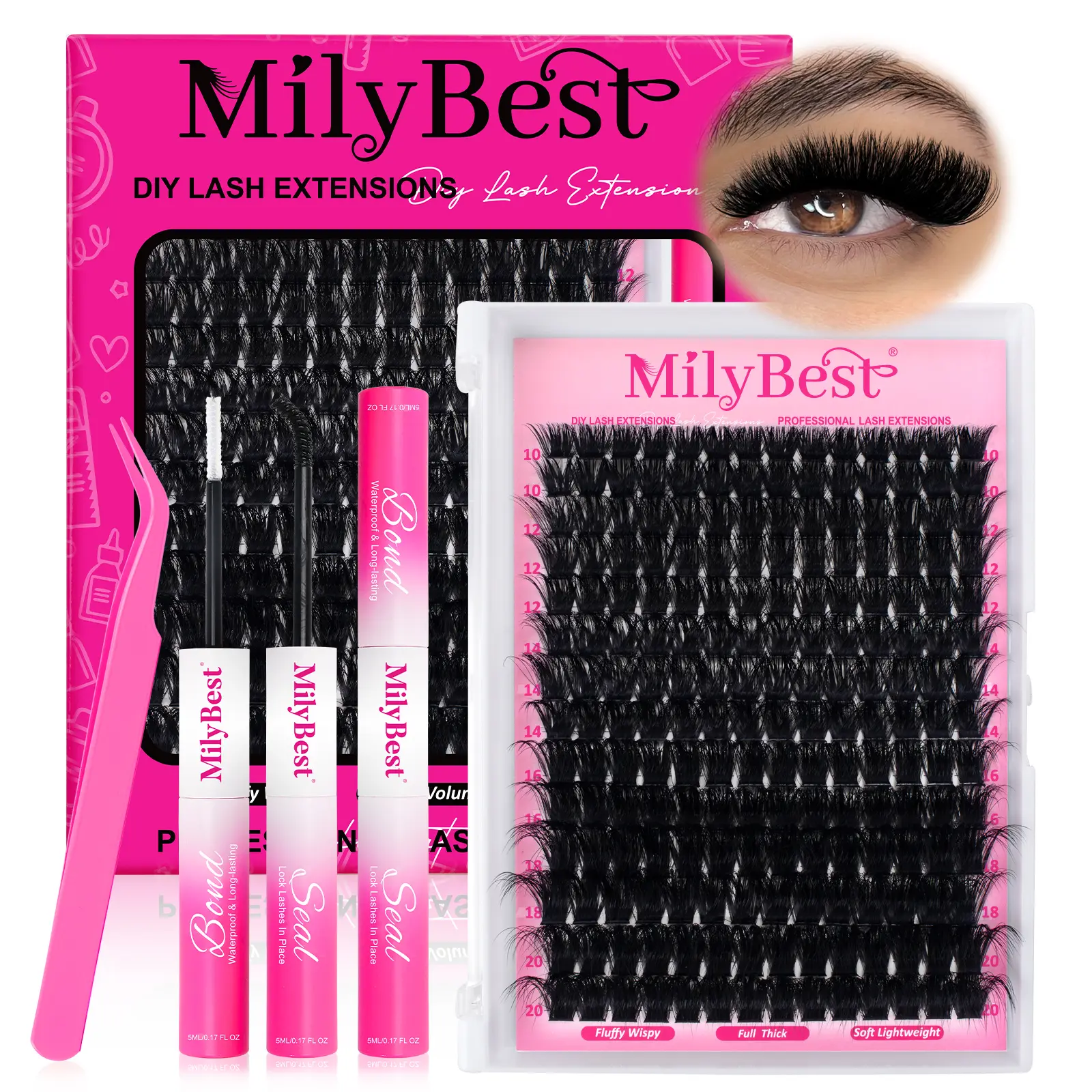 Milybest 200D Ultra Volume Cluster Lashes Kit 10–20mm | Extreme Russian Fluffy Look D Curl DIY Lash Extensions 196PCS Individual Clusters
