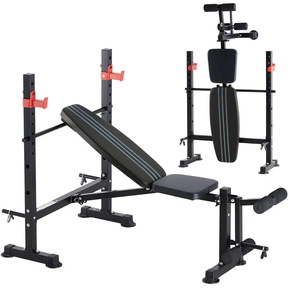 Squat Rack with Weight Bench – 5-in-1 Adjustable Home Gym Equipment, 650 LBS Capacity, Foldable Strength Training Station for Bench Press, Leg Extensions & Sit-ups