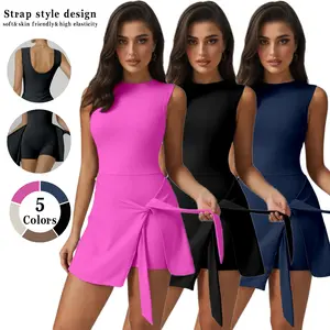 Kabuer Women's Sleeveless Tennis Dress with Ruffle Side Slit & Built-in Shorts for Yoga Golf Athletic Wear High-Stretch Nylon Crew Neck