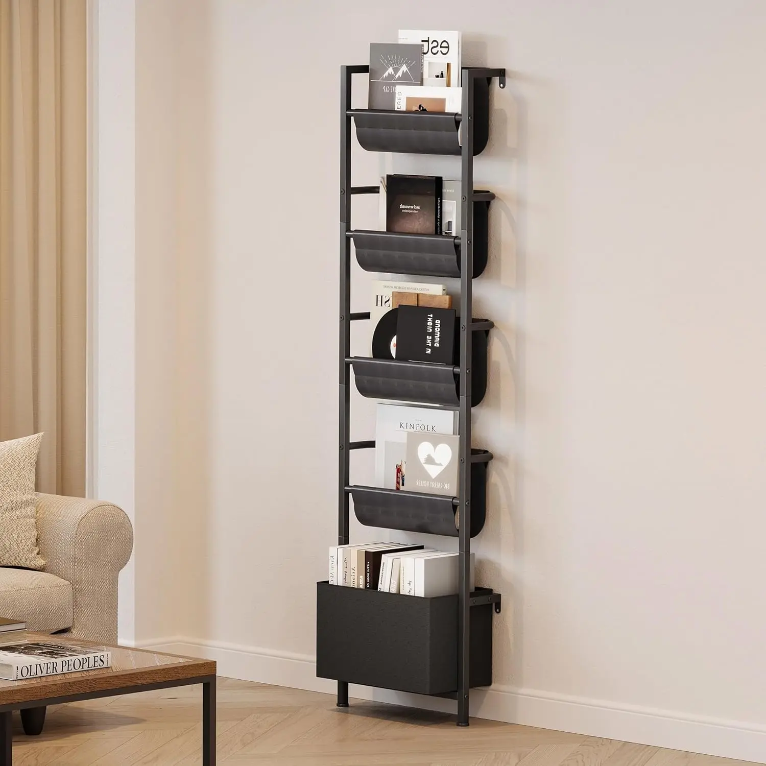 5-Tier Wall Mounted Kids Bookshelf with Storage Bin, Ladder Shelf, Suitable for Books, Toys, Magazines, Documents, Albums, Black
