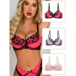3pcs Comfy Colorblock Lace Push Up Bras - Breathable, Sexy, Underwire, No Padding, Knit Fabric - Womens Lingerie & Underwear for Adult