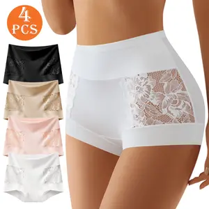 QUASTI 4-Piece High-Waisted Breathale Lace Women's Panties, Elegant Lace Trim Design, Shaping Panties With Tummy Control and Hip Lifting, High Elasticity Fit, Soft Fabric, Silky Smooth Skin-Friendly Womenswear Day Outfit Brief, Sizes S-5XL Underwear Sets