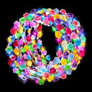 24 count LED Flower Crowns Headbands, Light Up Flower Crowns for Women & Girls, Glow in The Dark Flower Hairbands Wreath for Wedding Beach Party Birthday  Gifts, Halloween, Christmas