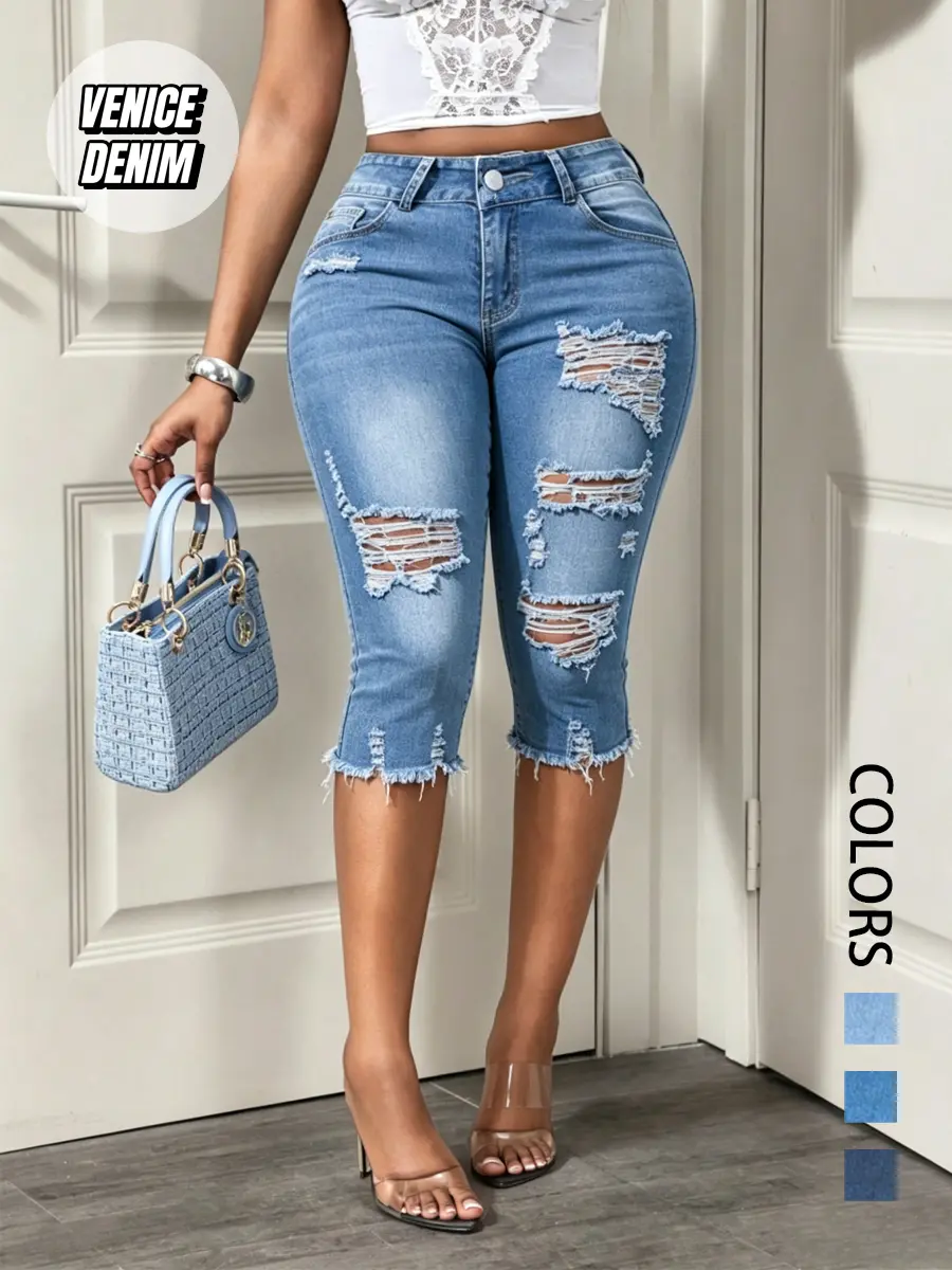 Women's Ripped Skinny Capri Jeans, High Waisted Distressed Stretch Cotton Spandex Denim with Raw Hem for Summer Streetwear, Ripped Skinny Jeans, Cropped Jeans