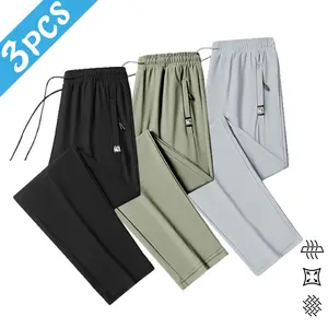 Men's 3-piece light and cool straight-leg pants - drawstring waist, zipper pocket, breathable fabric, casual daily wear and easy to control