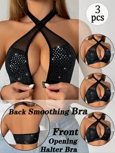 Women's Sexy Halter Neck Bra Set, Underwear Sets, Lace Mesh Reflective Sequins, Backless Design, Medium Support, All Seasons, Perfect Gift, Piece